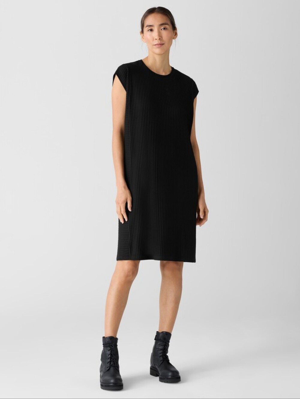 Eileen Fisher Black Ribbed Tencel Blend Tunic Dress XS Petite Minimalist Stretch